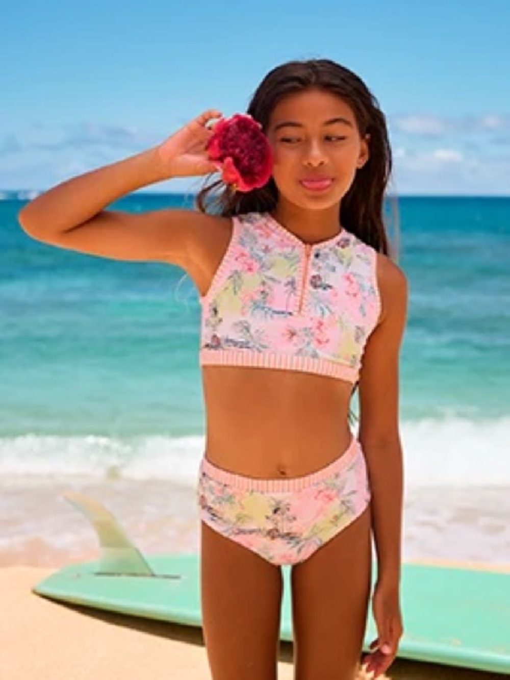 Roxy Girls Pink Floral High-Neck Two-Piece Swim Set